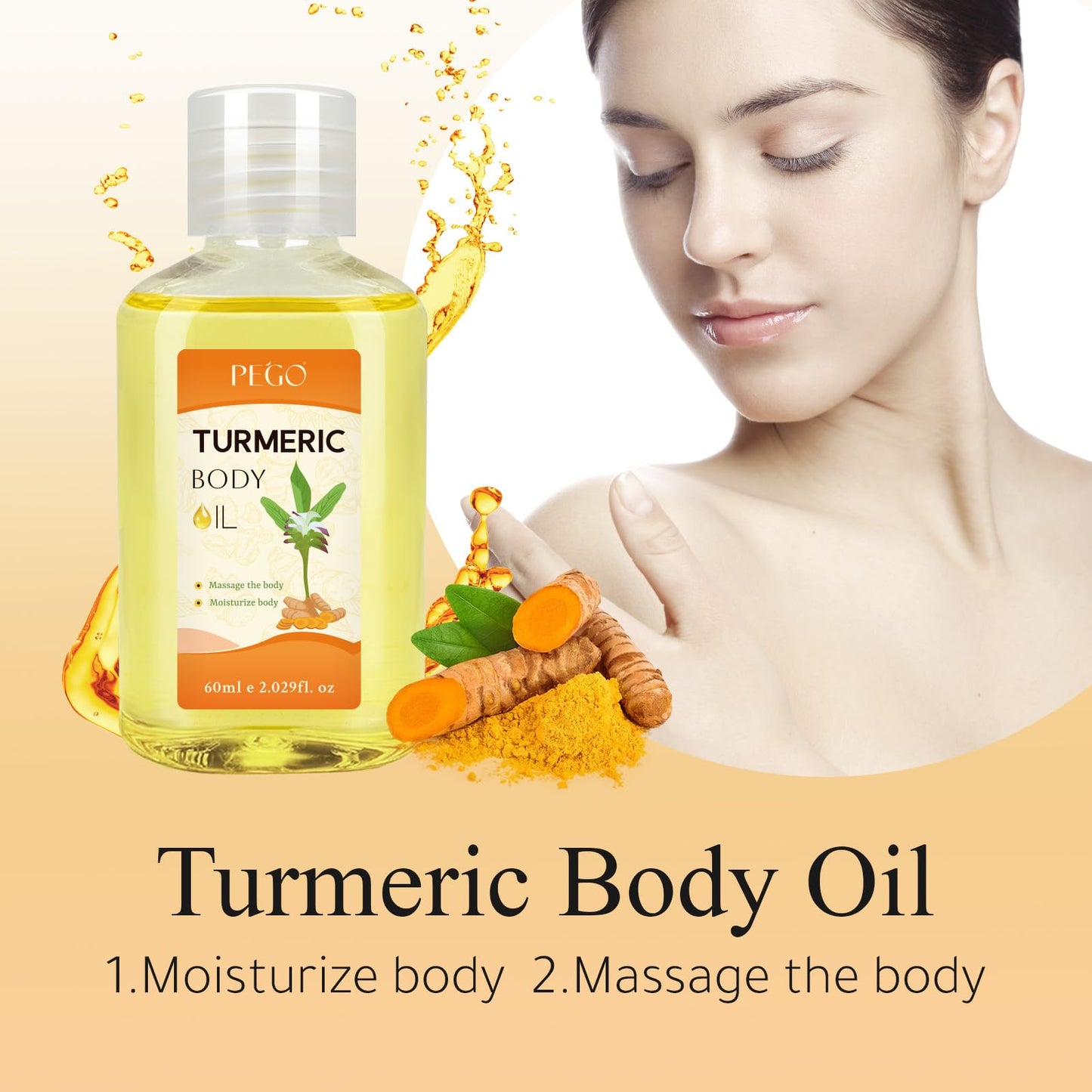 PEGO Turmeric Body Oil for Adults,Deep Moisturizing Massage Oil,Multi-Use for Face, Leg, Body, Hair Care, Foot & Buttock, Natural Turmeric Infused for Dry Skin Reliefs (1Pack)