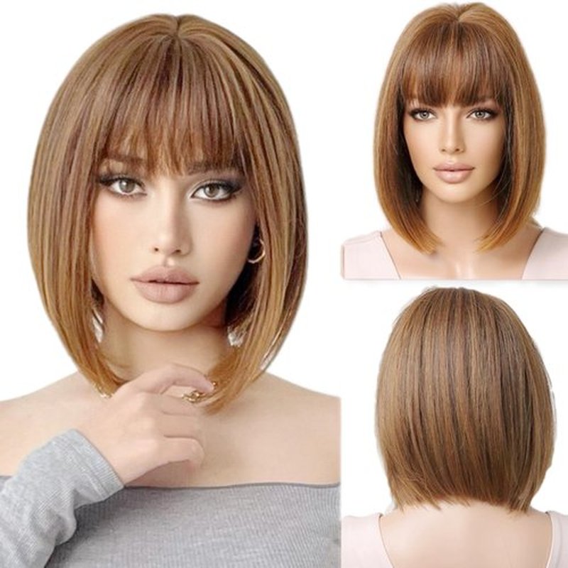Tangyaoyusun 12Inch Dark Brown Wig with Bang Short Straight Bob Hair For Girls Women Theme Party (Brown Mix Blonde)
