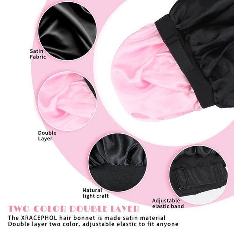 Silk Bonnet for Sleeping Double Layer Satin Bonnet Adjustable Bonnets for Black Women Sleep Cap Reversible Hair Bonnet for Curly Hair (Black and Pink)