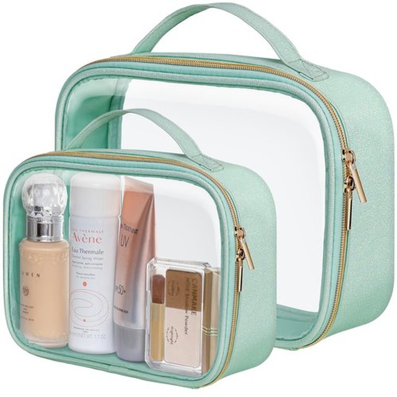 PACKISM TSA Approved Toiletry Bag - Glitter Textured Clear Makeup Bag, Personalized and Fashion, with 180° Large Opening and Supporting Frame, Perfect for Travel Essentials, Thick No Smell, Green
