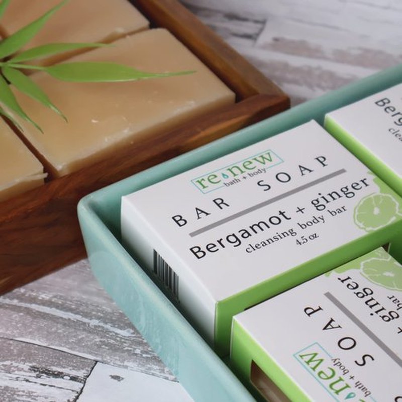 renew bath + body Natural Bar Soap, Bergamot & Ginger, Handmade in the USA by Cold Process with a Moisturizing Oil Blend Infused with Shea Butter - 5 Pack, 4.5 ounce bars