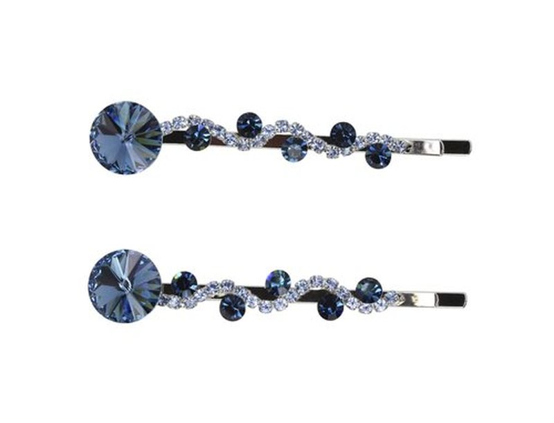 Faship A Pair Of Navy Blue Premium Rhinestone Crystal Floral Hair Clips 2 Pcs Pins - Navy Blue