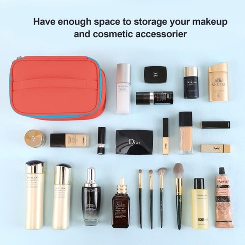 Makeup Bag Portable Travel Cosmetic Bag for Women, Beauty Zipper Makeup Organizer PU Leather Washable Waterproof (Red)