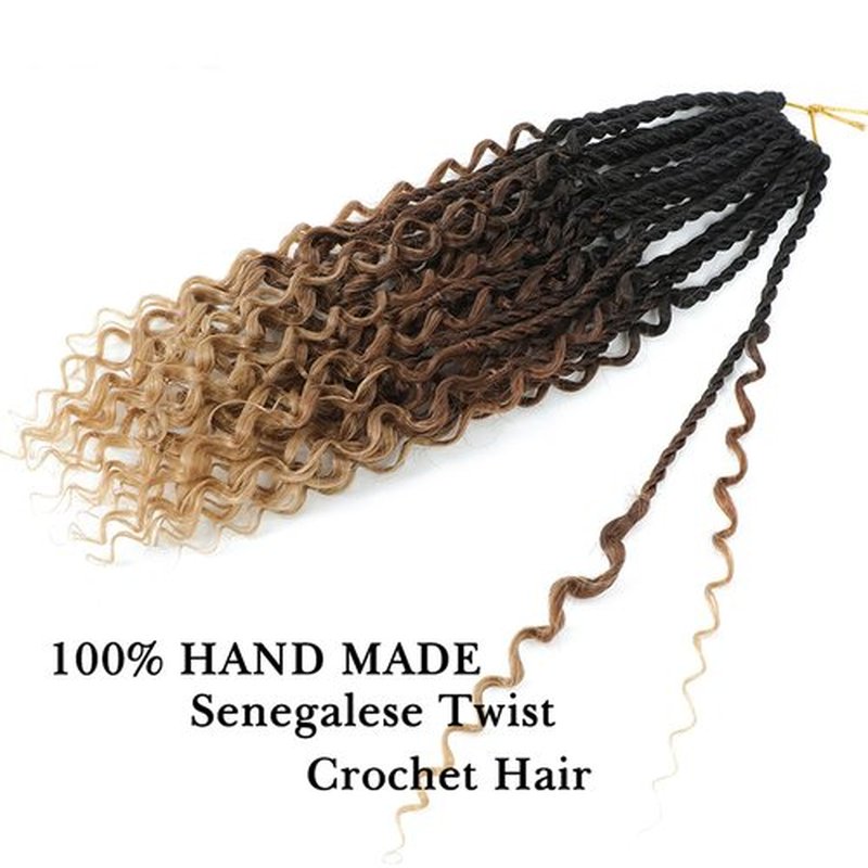 Goddess Twist Braids Crochet Hair With Curly Ends Senegalese Twist Braids Crochet Braids 6 Packs ombre black brown light brown Crochet Synthetic Braiding Hair Extension for Black Women (14inch, 53#)