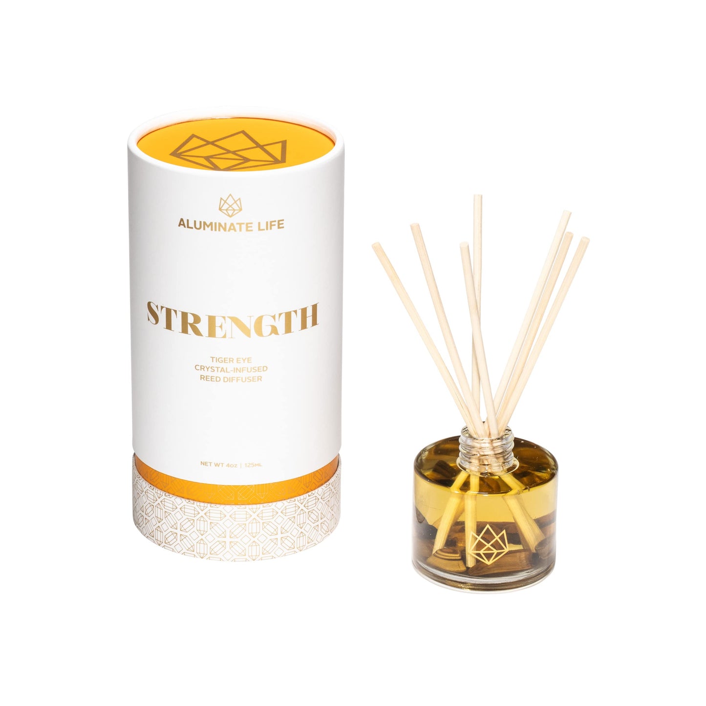 ALUMINATE LIFE Crystal Infused Reed Diffuser, 4 OZ, Strength - Tiger Eye Crystal Infused - Scents of Cedarwood, Amber, & Sage - Home Decor, House Warming, Room, Stick Perfume, Shelf or Coffee Table