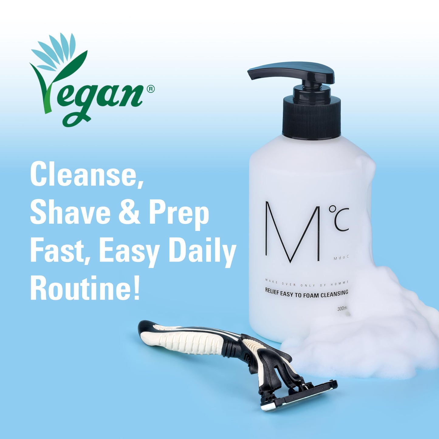 Mdoc Korean Men's Face Wash, Relief Easy Foam Cleanser, 3-in-1 Facial Cleanser for Shaving & Makeup Removal, Cream-to-Foam Pump Cleanser with 10% Cleansing Oil Blend, Korean Vegan Certified, 300ml