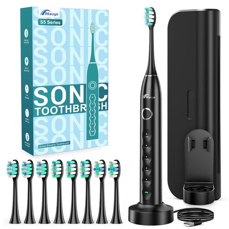 Rtauys Electric Toothbrush for Adults and Kids, Wireless Rechargeable Tooth Brush with 8 Replacement Heads, One Charge for 120 Days, 5 Modes Toothbrush with Travel Case, Black