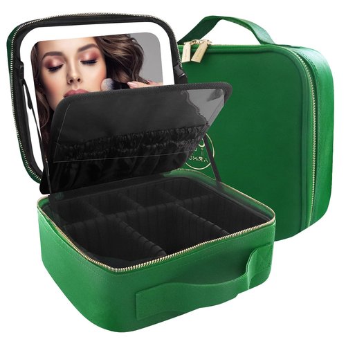 MOMIRA Makeup Bag with Mirror and Light Travel Makeup Train Case Cosmetic Bag Organizer Portable Artist Storage Bag with Adjustable Dividers Makeup Brushes Storage Organizer Emerald green