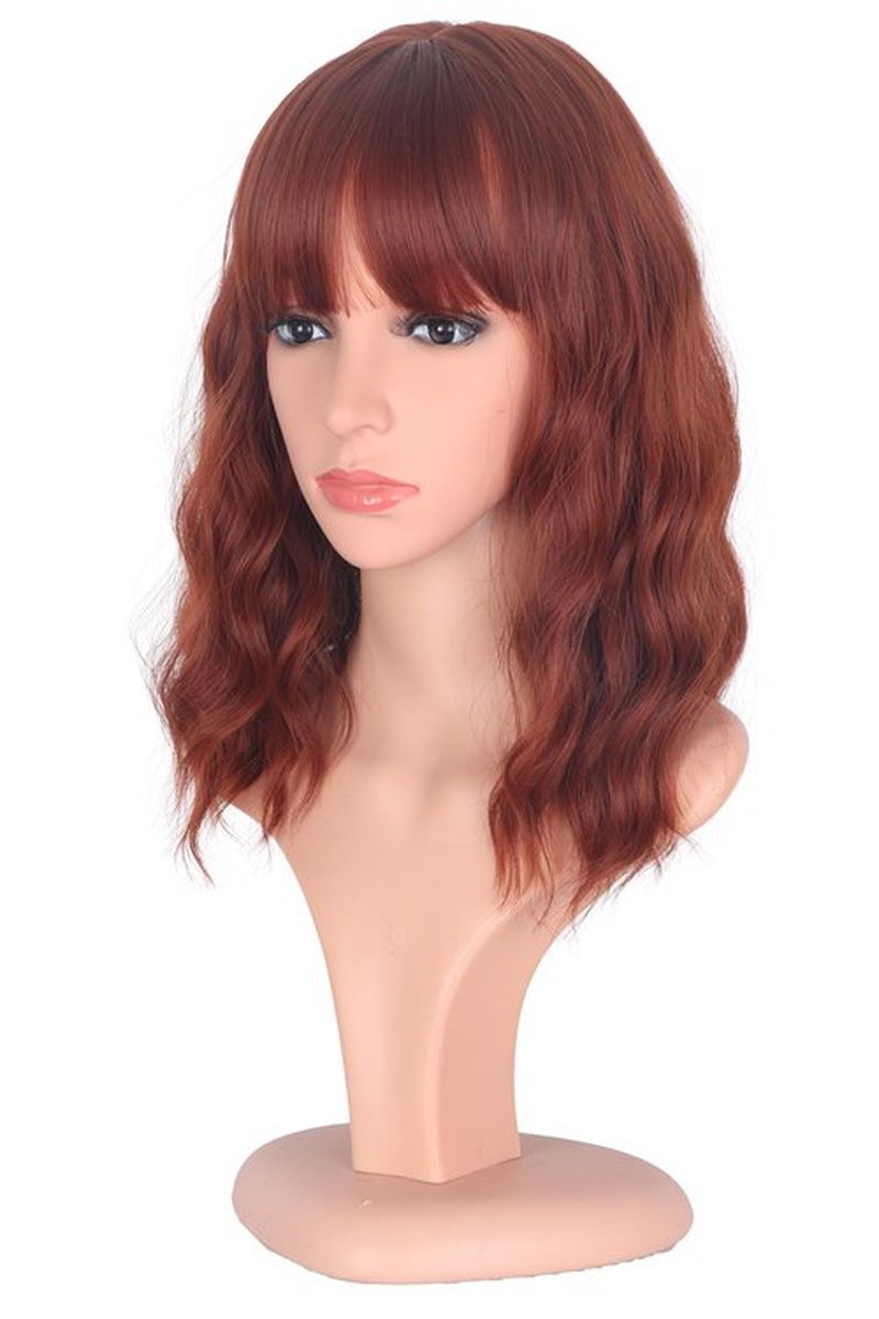 SYMEIW Red Wavy Bob Wig with Bangs Short Wavy Red Color Wigs for Women Bob Style Synthetic Heat Resistant Bob Wigs