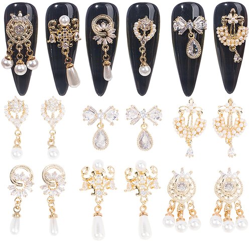 12Pcs Gold Nail Charms Nail Art Metal Alloy Nail Art Zircon Pearl Crystal Rhinestone Nail Art Jewellery Nail Diamond Rhinestone Charm for Girls Womans Craft DIY Nail Decoration