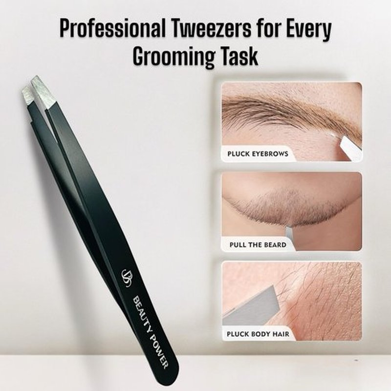 Beauty Power Professional Tweezers - Slant, Durable Lightweight German Stainless Steel, Ultra Precision Tweezers for Eyebrows, Facial Hair, Chin, and Ingrown Hair Removal (Matte Black)