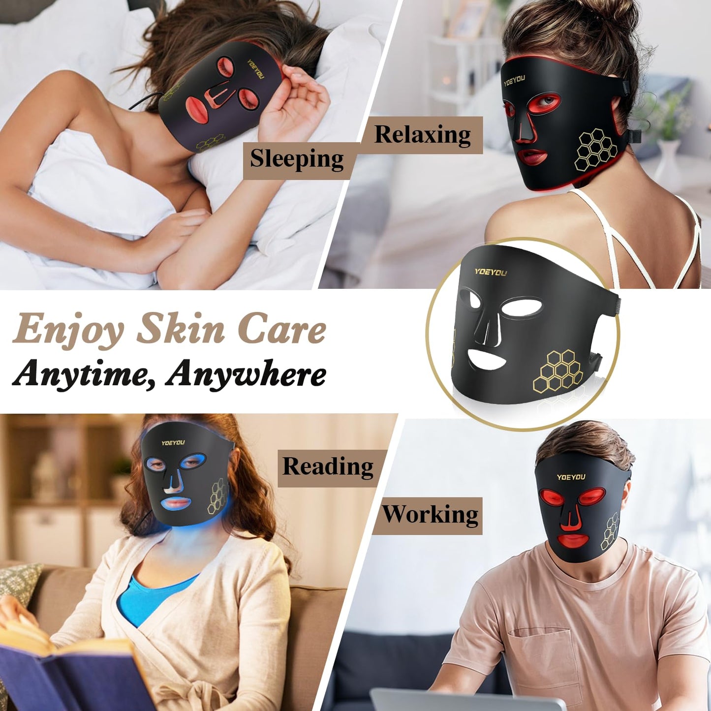 YOEYOU Red Light Therapy for Face, 850nm Near Infrared LED Face Mask, 4 Light Modes, Portable Rechargeable Red Light Therapy Mask Skincare Device for Facial Rejuvenation