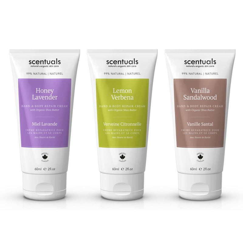 Scentuals Hand Cream Set of 3, with Shea Butter, Cocoa Butter, Argan & Almond oil, Moisturizing Dry Hands, (Lemon Verbena, Honey Lavender, Vanilla Sandalwood) 60 ml (2 fl.oz. x 3)