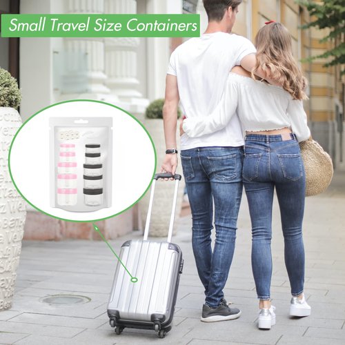 ZEJIA 10pcs Small Travel Containers, Sample Containers with Screw Lids, 5 Size 3/5/10/15/20 Gram Sample Jars with 12pcs Labels and 2pcs Mini Disposable Spatula, Makeup Sample Containers BPA Free
