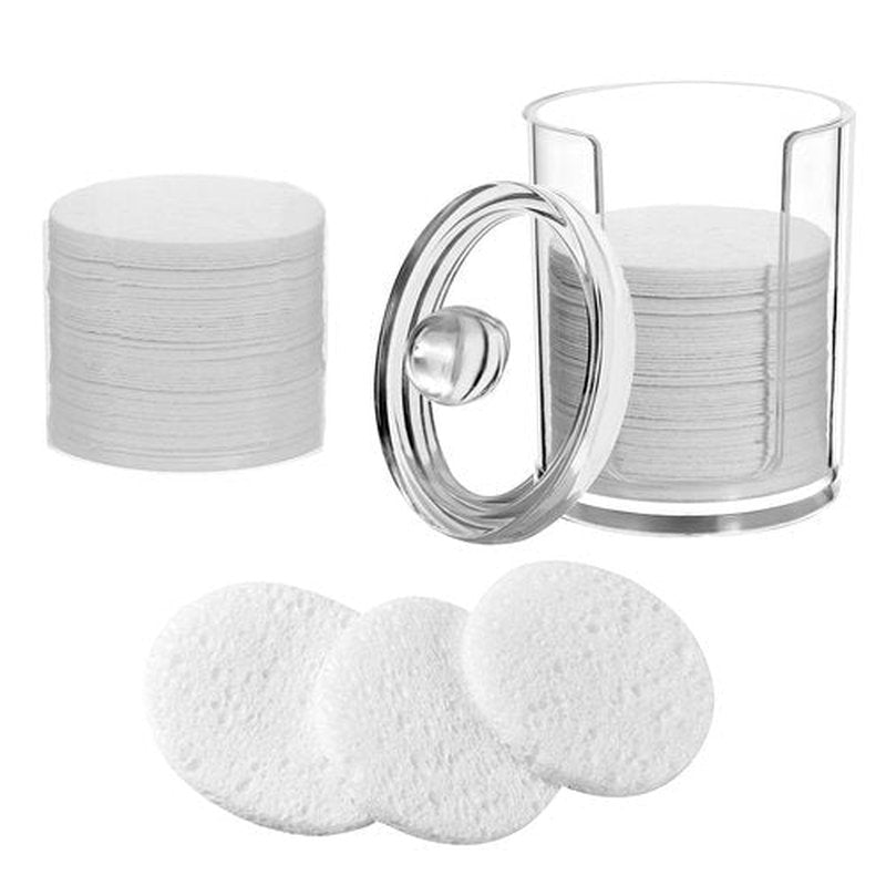 50-Count Compressed Natural Facial Sponges for Face Cleansing, Reusable Cosmetic Sponge, Used for Exfoliating and Makeup Removal With Clear Plastic Storage Jar (White, 50pcs）