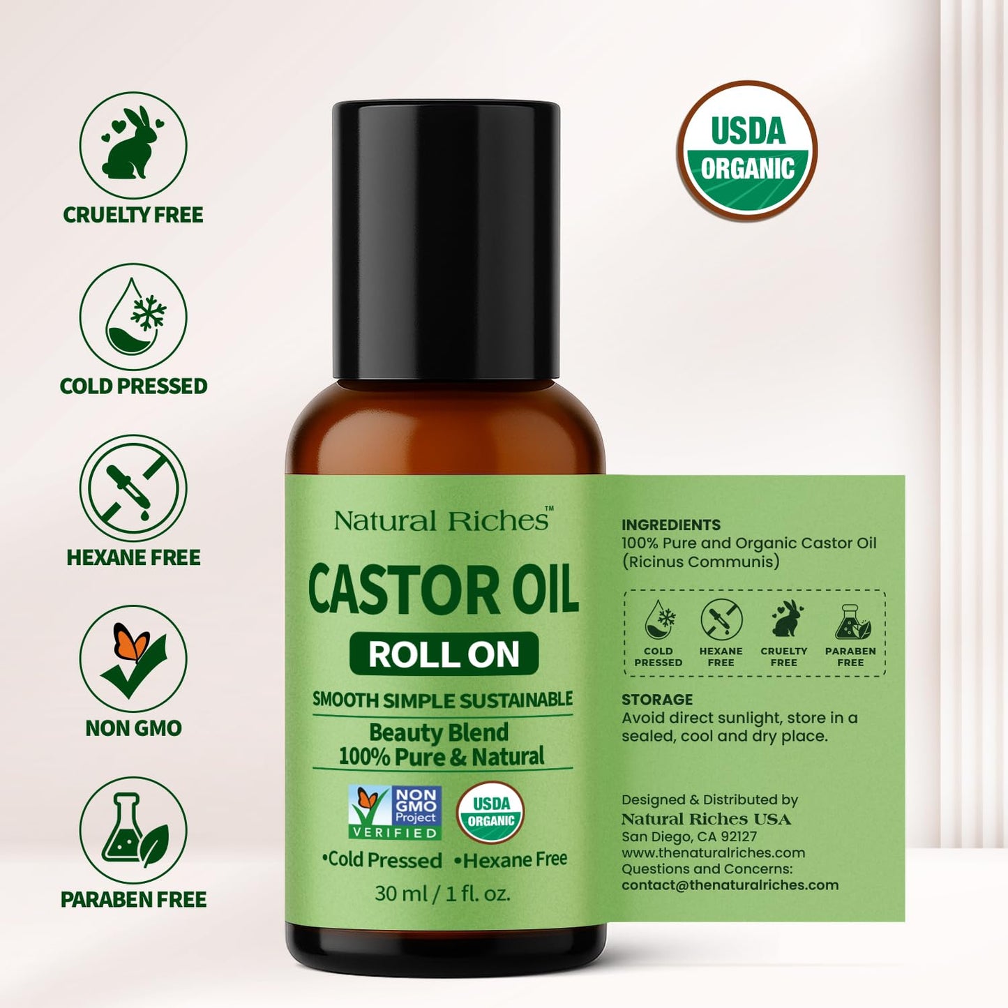 Natural Riches Organic Castor Oil Roll On - Cold Pressed, Hexane Free, 100% Pure Beauty Blend - 1 fl oz Glass Bottle with Roller Ball Applicator