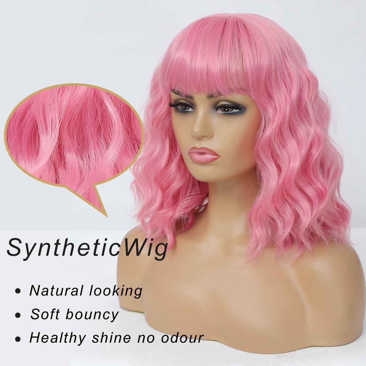 Amarlis Pink Curly Bob Wig with Bangs for Women, Natural Wavy Heat Resistant Synthetic Wig for Cosplay Daily Party Use