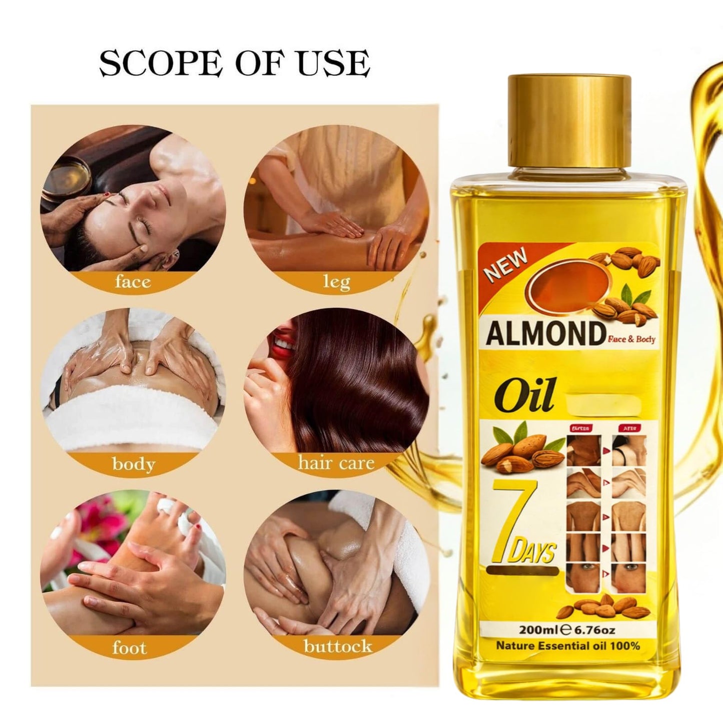 Almond Oil for Massage and Skin Moisturizing, Lightweight Hydrating Body Oil for Dry Skin, Spa Body Care Oil with Almond Extract, 200ml / 6.76 fl oz