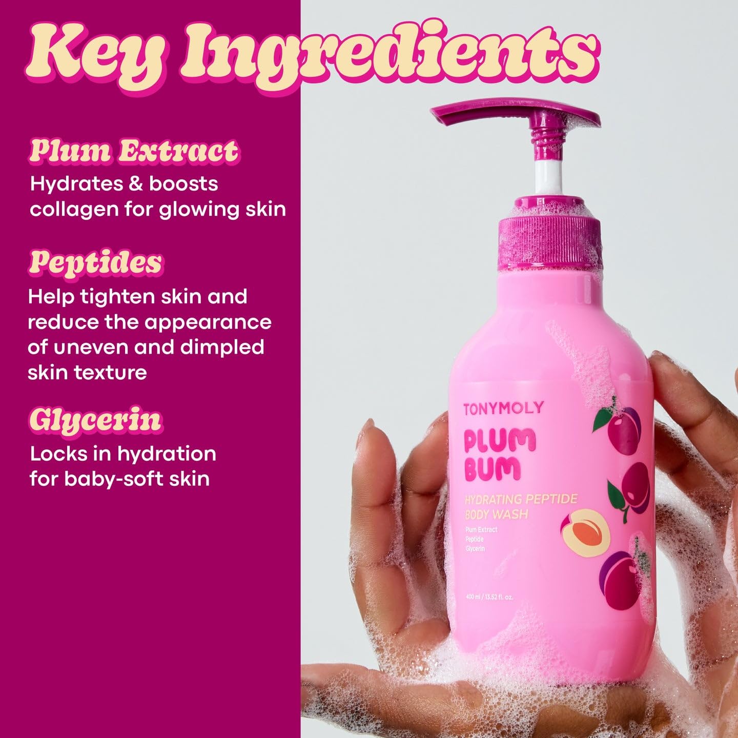 TONYMOLY Plum Bum Body Care Set - 13.5 fl oz Peptide Hydrating Body Wash & AHA Exfoliating Body Bar with Plum Extract for Soft, Smooth Skin