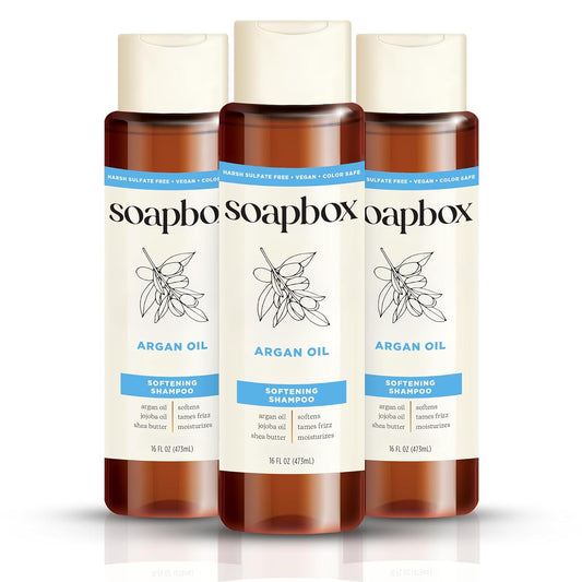 Soapbox Shampoo, Vegan & Cruelty Free Hydrating Shampoo with Argan Oil with Shea Butter, Color Safe, Paraben and Harsh Sulfate Free All Natural Hair Cleanser, 16oz (Pack of 3)