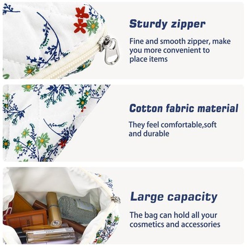 URSKYTOUS 3Pcs Cotton Quilted Makeup Bag for Women Girls Large Small Travel Floral Cosmetic Bags Set Cute Coquette Zipper Makeup Pouch for Purse Aesthetic Cloth Flower Storage Toiletry Bag Organizer