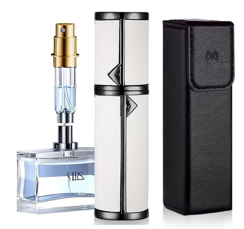 D-LOTUS Travel Perfume Bottle Refillable, Genuine Leather Perfume Atomizer Leakproof Mini Pocket Size Travel Cologne Sprayer for Cruise Car Trip Purse Gift 5ml (B-White)