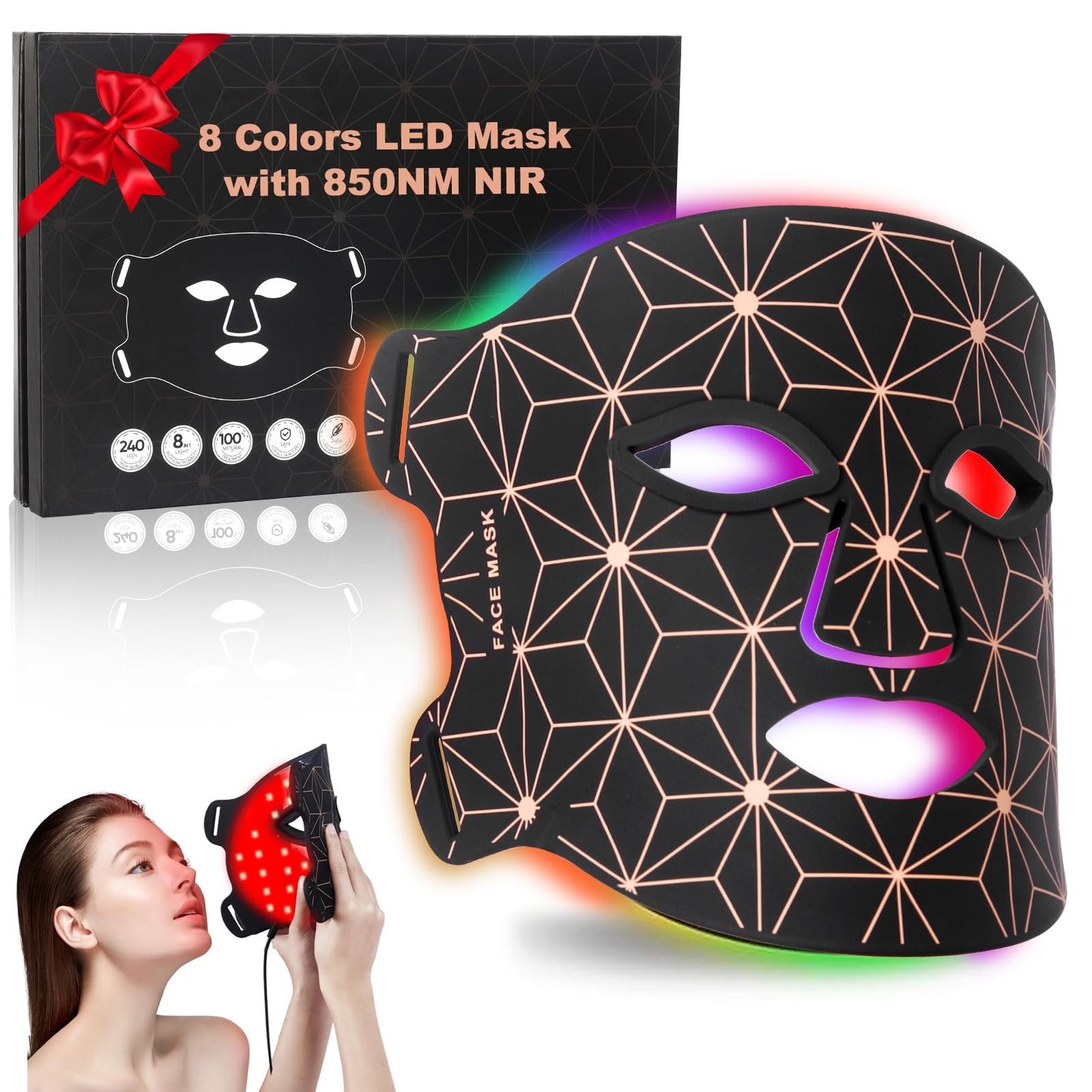 biuufish Red Light Therapy Mask, 8 Colors LED Face Mask 850nm NIR 3000mAh