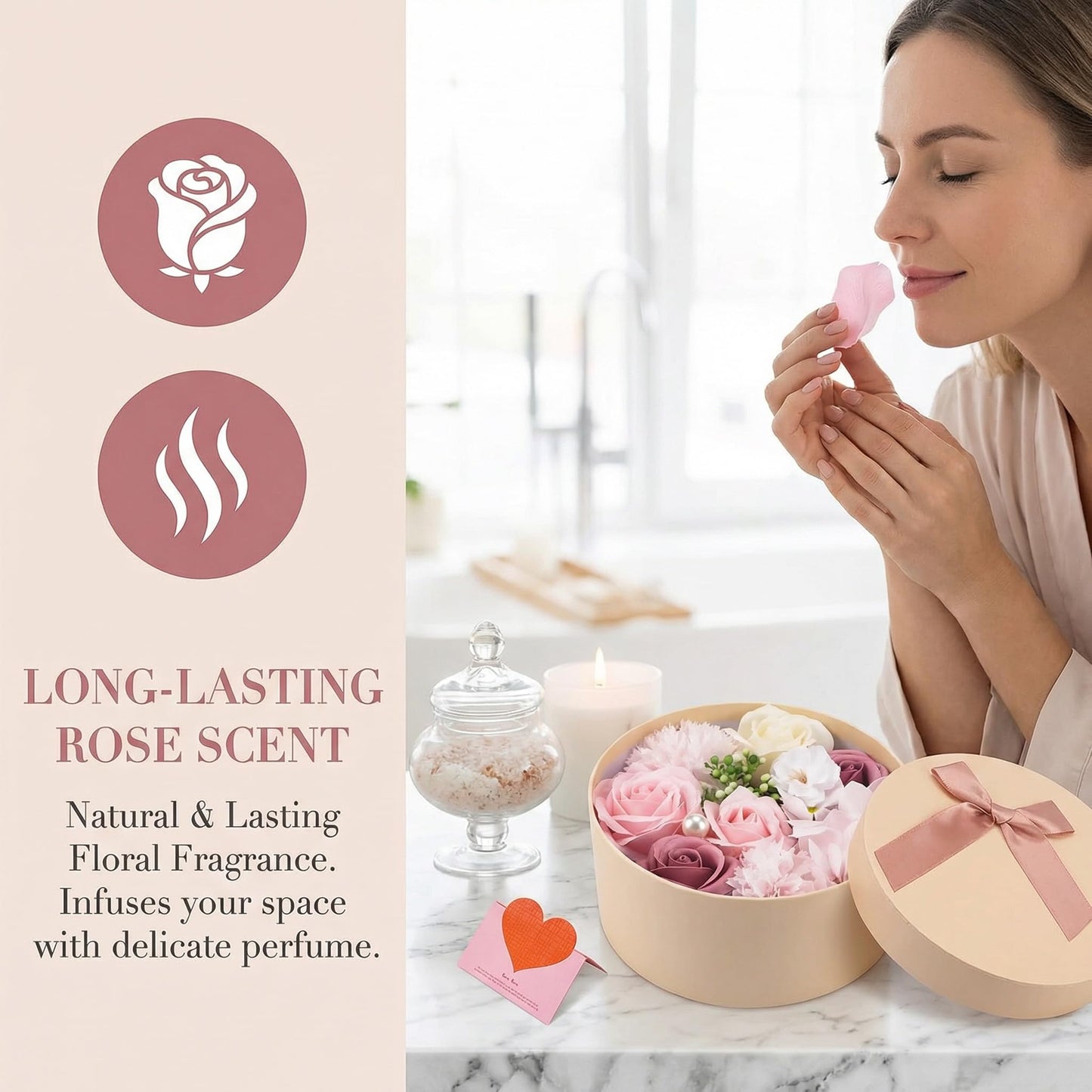 Rose Soap Petals Gift Set - Floral Scented Bath Soap with Essential Oils in Decorative Flower Box, Valentine Soap & Flower Soap for Women, Perfect for Valentine's Day, Christmas & Home Decor (Pink)
