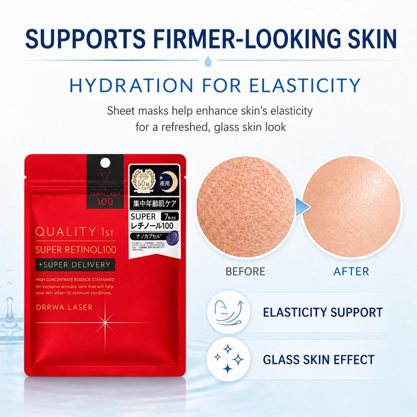 Quality 1st Retinol & Vitamin C Face Mask Set, 7 Sheets Each, Hydrating Sheet Masks for Women, Glass Skin Care, Japanese Skincare Facial Masks, Derma Laser Super Retinol 100 & VC100