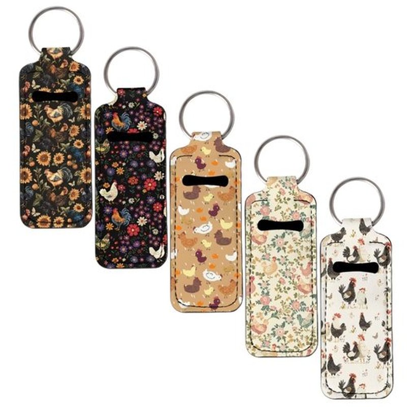 SEANATIVE Cute Chickens 5 PCS Lipstick Holder Keychain Chapstick Case Keychain Lip Balm Portable Sleeve Organizer Holder Cute Mini Keychain Chapstick Holder for Women