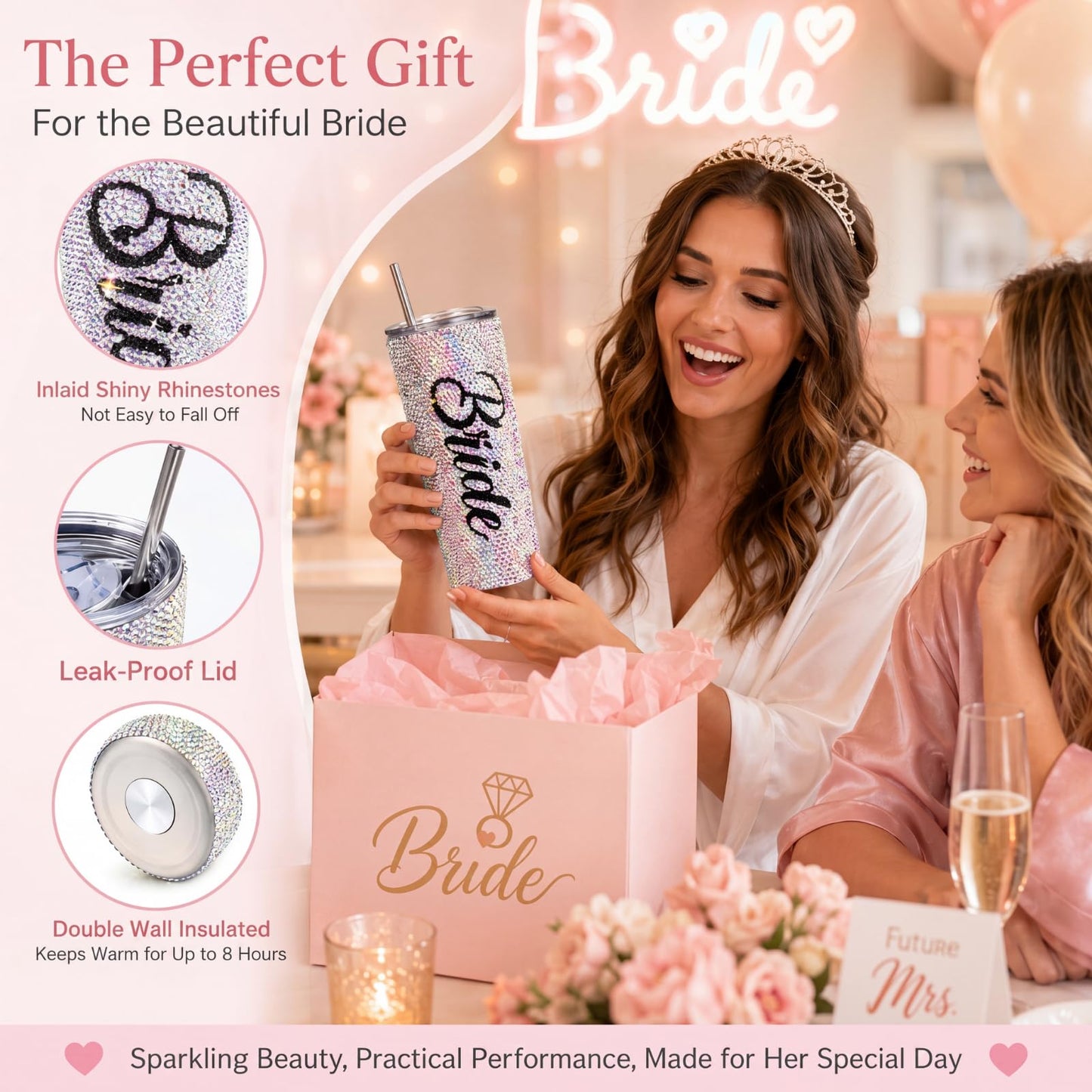 Vesici Brides to Be Gift Bling Diamond Bride Tumbler 20 oz Insulated Bridal Cup with Straw and Lid Bridal Shower Gifts Wedding Gifts for Engagement Party Bachelorette Maid of Honor Cup(Bride)