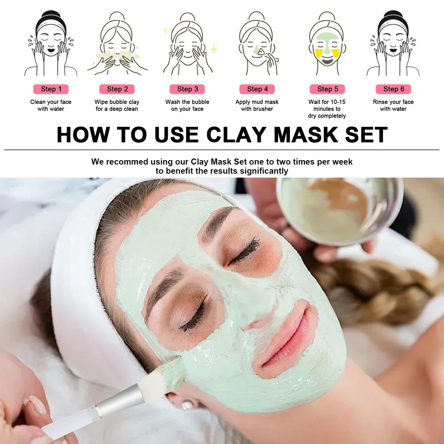 Wizia 3-Pack Clay Face Mask Set with Brush | Dead Sea Mineral, Green Tea & Rose Clay Masks | Deep Cleansing & Hydrating Facial Skincare Set for Women, Teens, All Skin Types