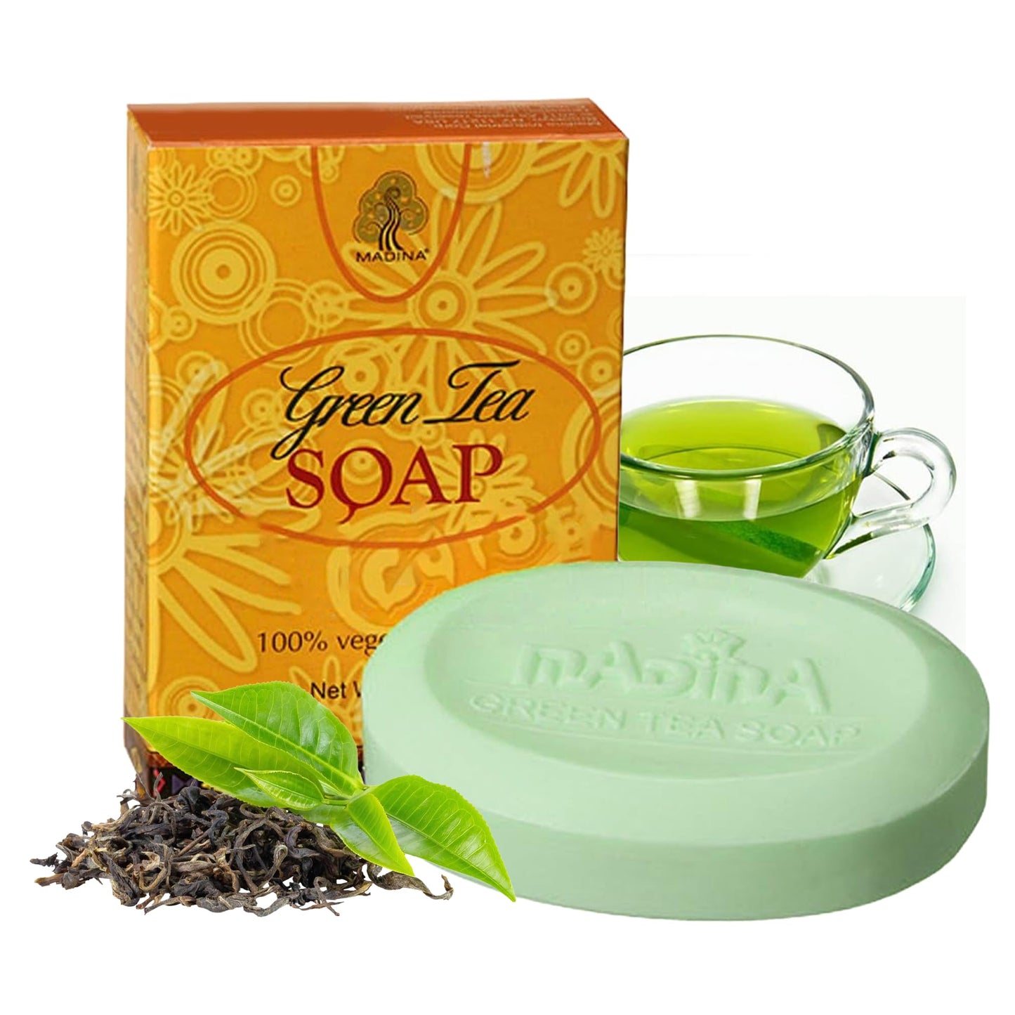 Madina Green Tea & Vitamin E Soap Bar – Antioxidant, Moisturizing, Hydrating, Skin Rejuvenating, Gentle Daily Cleanser, Vegetable-Based, For All Skin Types, 6 Pack (3.5 oz Each)