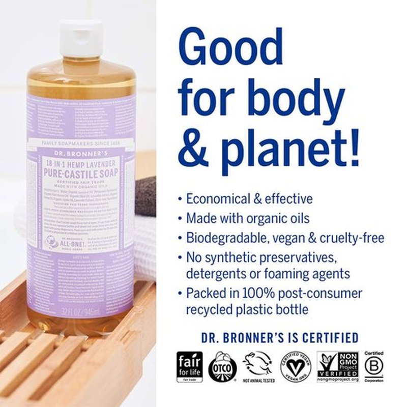 Dr. Bronner's - Pure-Castile Liquid Soap (Lavender, 32 ounce) - Made with Organic Oils, 18-in-1 Uses: Face, Body, Hair, Laundry, Pets & Dishes, Vegan