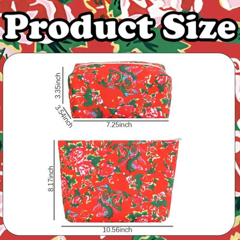 LYDZTION 2PCS Red Floral Makeup Bag Cotton Cosmetic Bag for Women,Large Red Embroidery Makeup Bag with Zipper Portable Pouch Travel Toiletry Bags Makeup Brush Organizer Storage Bag for Women