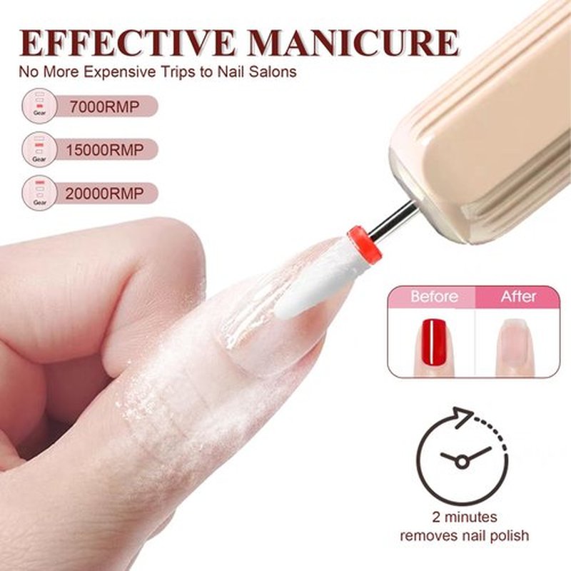 Professional Nail Drill Set, 2,0000 RPM Electric Nail File with 12 Grinding Head & 100Pcs Sanding Bands for Acrylic Gel Nails, Manicure and Polishing