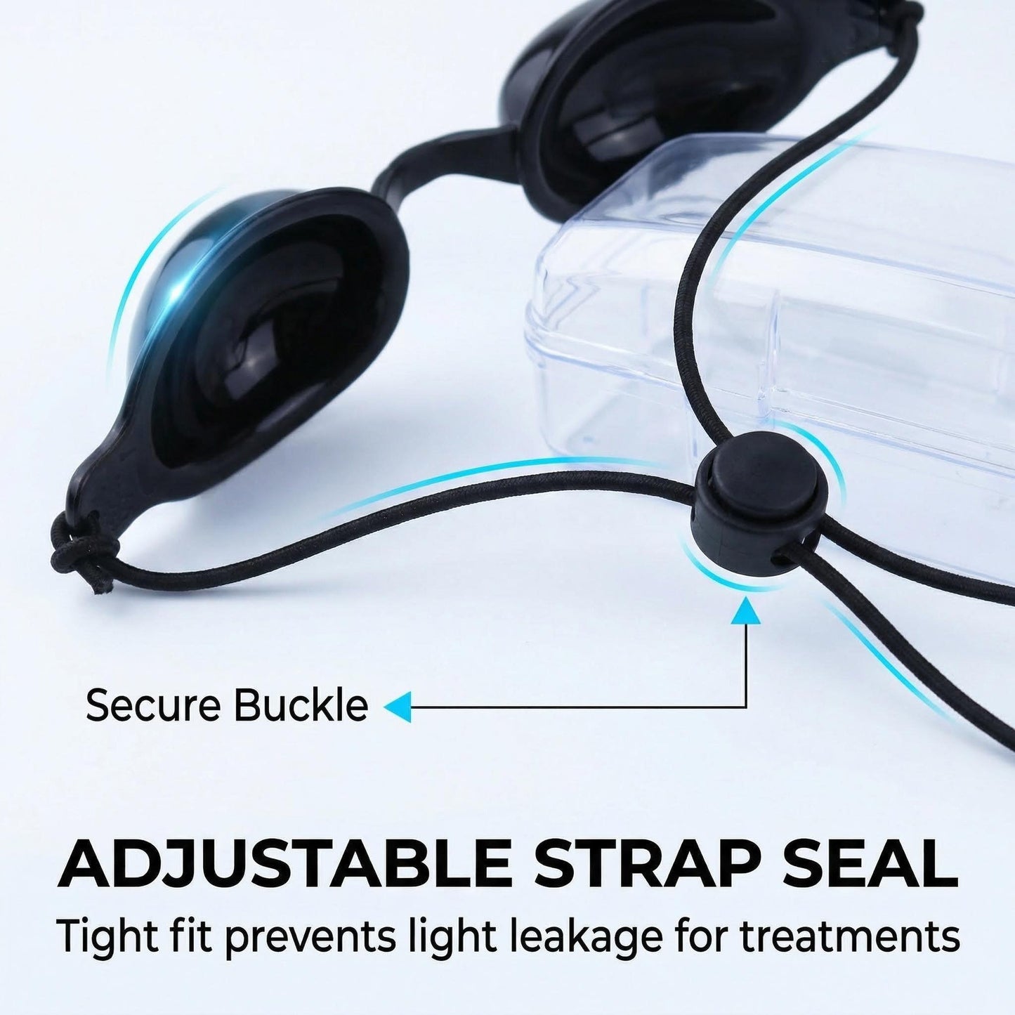 KlayBear See - Through Safety Goggles, Half - Clear Tanning Goggles for Tanning Beds & Red Light Therapy Glasses. Lightweight Adjustable Red Light Therapy Eye Protection with Storage Box (1 Pack)
