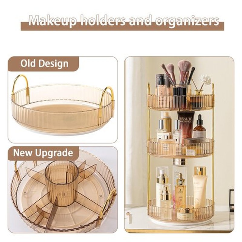 shuang qing 360° Rotating Makeup Organizer, High-Capacity Bathroom Countertop Vanity Organizers, 3 Tier Spinning Skincare Storage, for Perfume/Cosmetic/Makeup Brushes/Lotion（Gold）