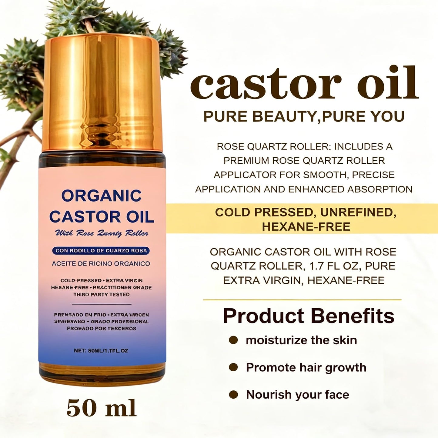 VOKOZK Organic Golden Castor Oil Roll-On with Rose Quartz Roller Ball - Hexane Free, 100% Pure Cold Pressed Glass Bottle, Moisturizing Skin for Lashes, Brows, Skin, Hair, 1.7 Fl Oz (1PCS)