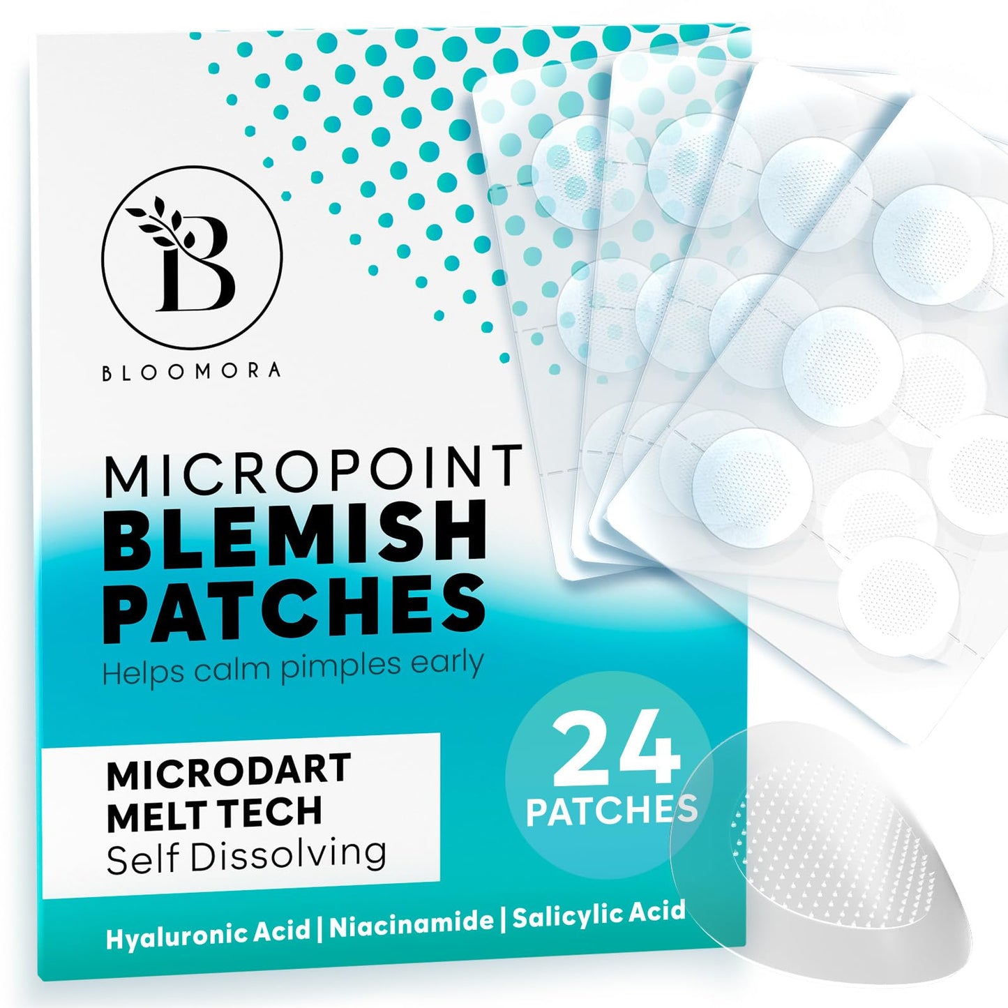 BLOOMORA Microdart Pimple Patch for Early Stage pimples, Salicylic Acid Pimple Patches Microdart Technology, Pimple Spot Care with Niacinamide, Salicylic & Hyaluronic Acid (24 Count) - GEN2