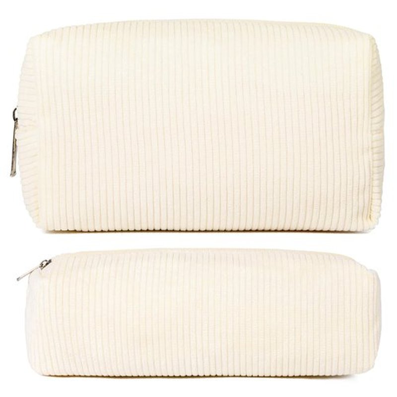 SOIDRAM Makeup Bag Corduroy Cosmetic Bag Cute White Makeup Pouch 1Pcs Large Capacity Makeup Bags and 1Pcs Makeup Brushes Storage Bag Travel Toiletry Bag Organizer