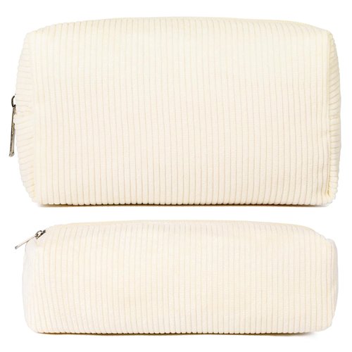 SOIDRAM Makeup Bag Corduroy Cosmetic Bag Cute White Makeup Pouch 1Pcs Large Capacity Makeup Bags and 1Pcs Makeup Brushes Storage Bag Travel Toiletry Bag Organizer