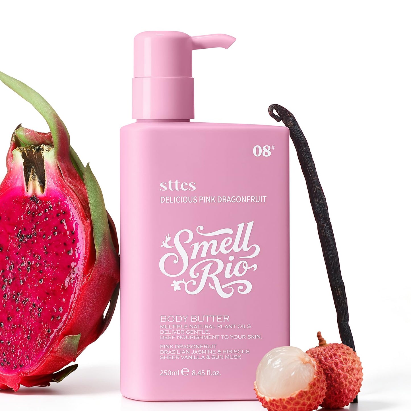 Sttes Smell Rio Body Butter 08# (Delicious Pink Dragonfruit) – 250ml Whipped Body Cream with Pink Dragonfruit, Jasmine & Hibiscus Scent, Jojoba & Coconut Oil, Caffeine