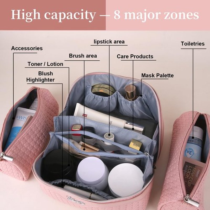 Travel Makeup Bags Cosmetic Organizer Bag: Large Capacity Make up Bag Set of 3 - Vegan Leather Woven Toiletry Bag for Women - Portable Makeup Organizer with Compartments & Handle & Divider Pink