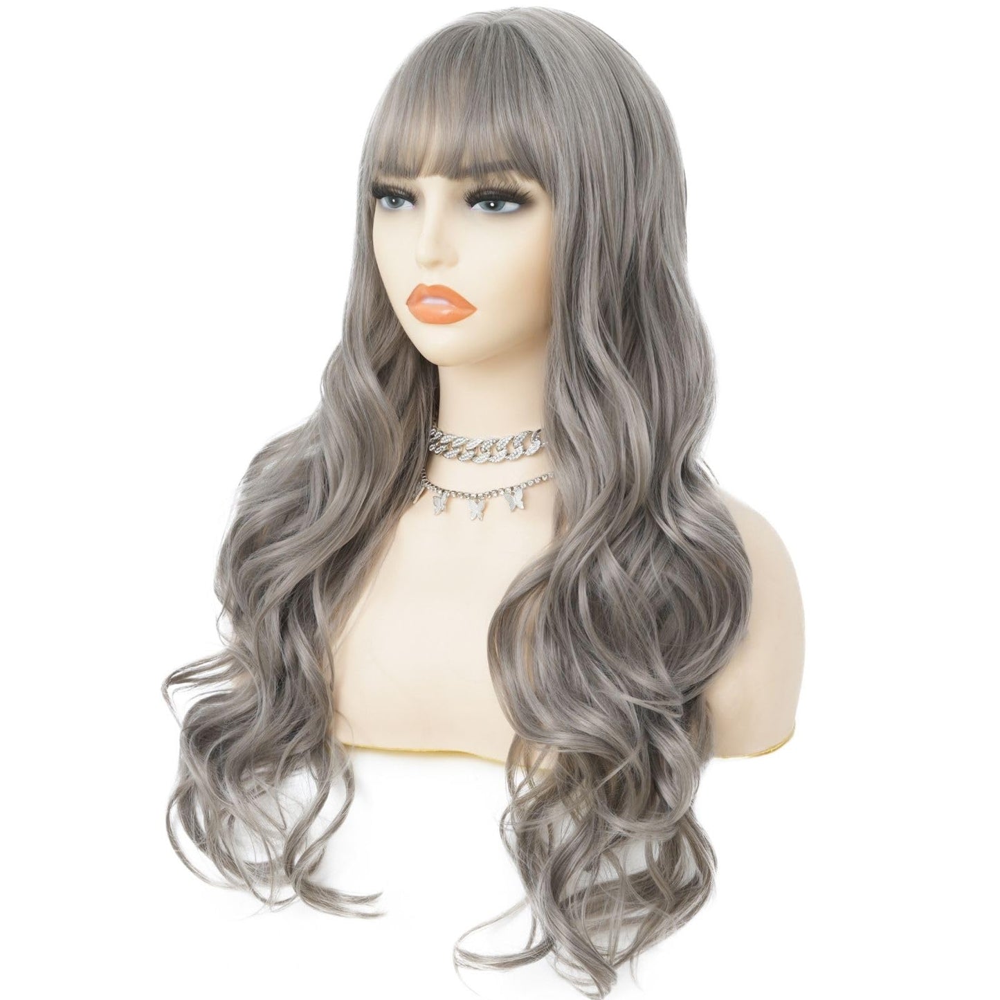 Salaibs Grey Long Curly Wavy Wigs for Women with Bangs Natural Wave Dark Gray Hair Wig Synthetic Heat Resistant Halloween Daily Wig