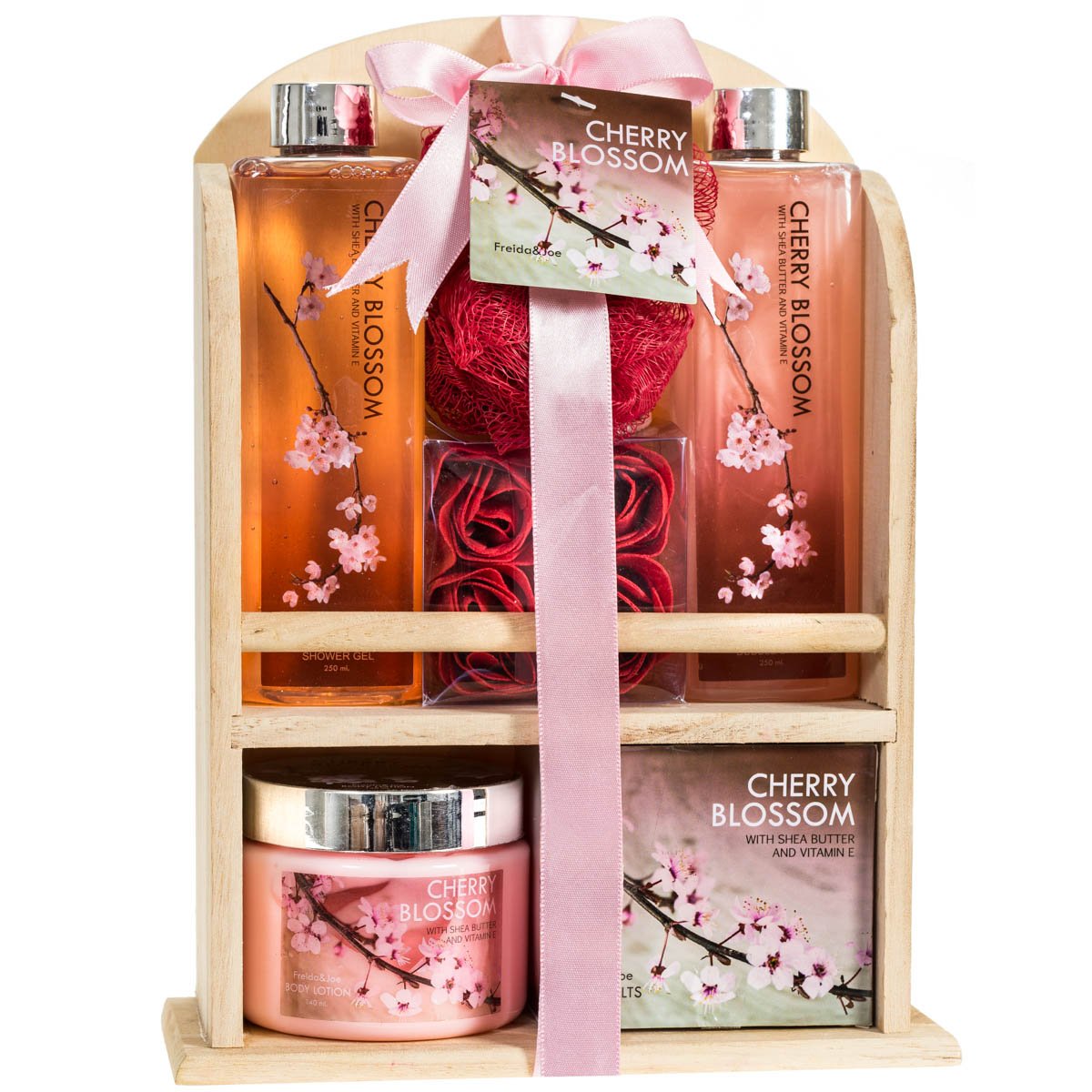 Deluxe Cherry Blossom Spa Basket - Home Spa Set with Bubble Bath, Bath Salts, Body Lotion, Bath Puff, and Rose Soaps in Wooden Curio Gift