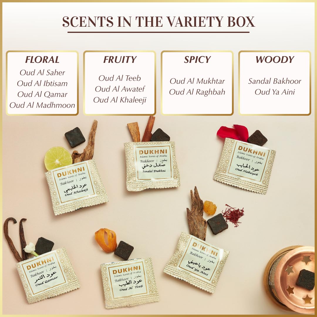 Oud Bakhoor Variety Box & Burner by Dukhni | Arabian Oudh Set with Candle Incense Burner | 20 pcs Arabic bukhoor Incense Bricks, 10 Mixed scents | Islamic, Eid & Ramadan Gifts | Home Fragrance