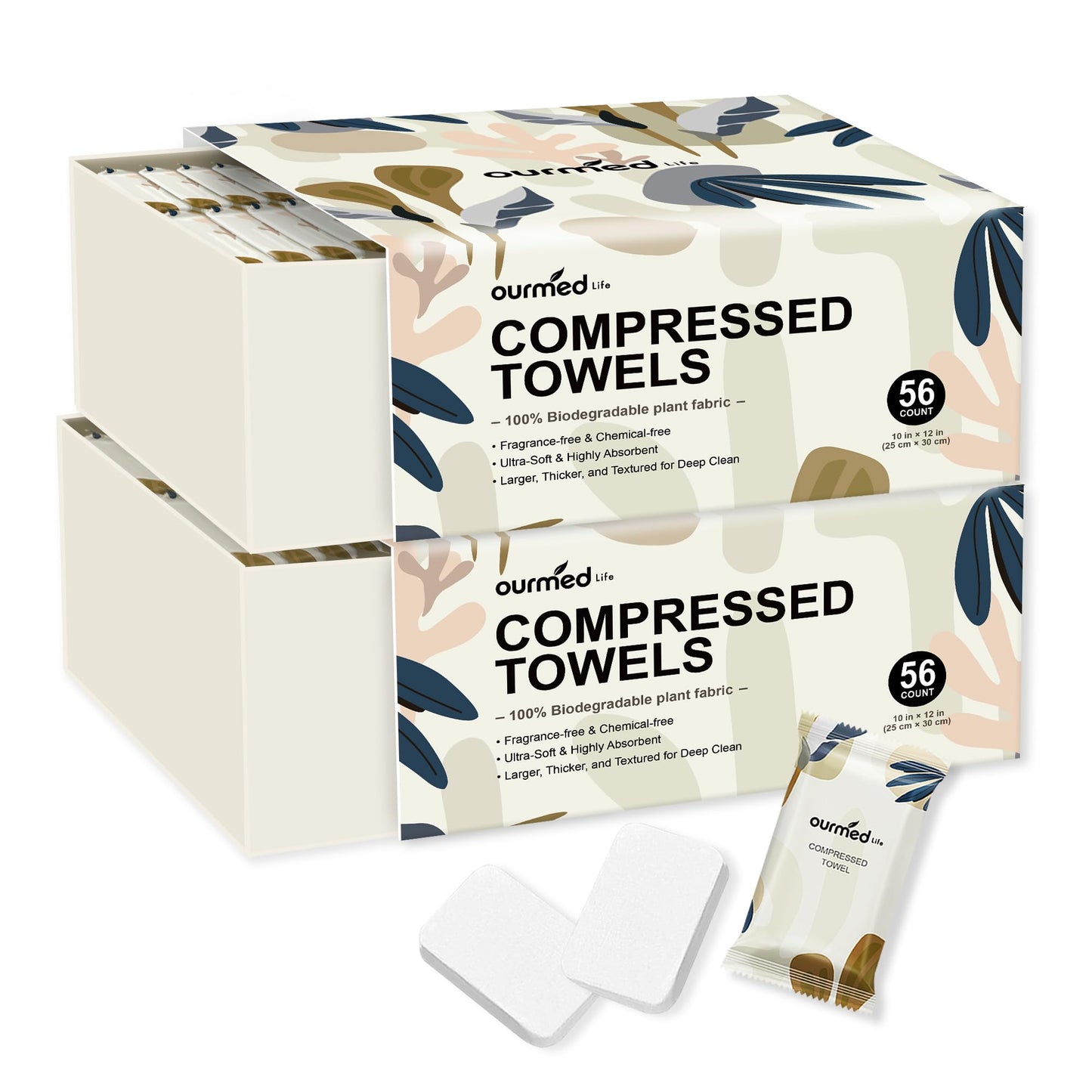 Ourmed Life Compressed Towel Tablets – Portable, Individually Wrapped Disposable Washcloths,Quickly Expand with Water, Soft & Lint-Free, 12‘’x10‘’ for Travel, Camping, Hiking, Backpacking (112 Ct)