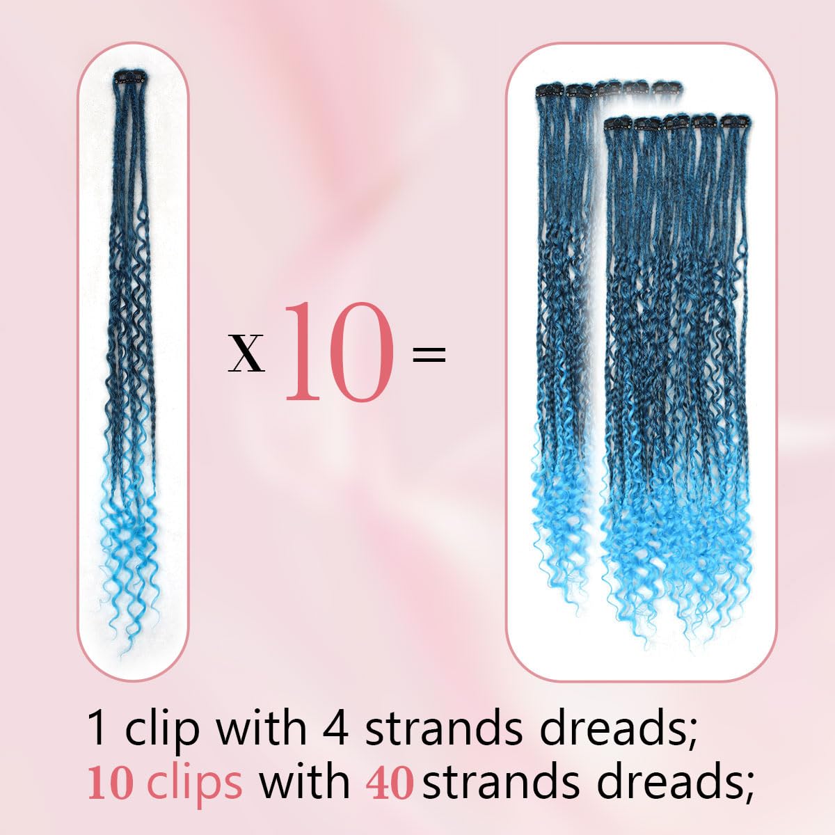 24 Inch Boho Clip in Dreadlock Hair Extensions 10Clips 40 Strands Synthetic Handmade Soft Clip In Dreads Extensions for Women,1B/Blue
