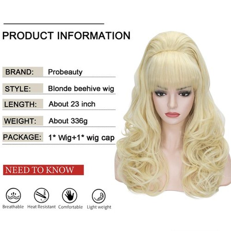 Probeauty Long Wave Blonde Bouffant Beehive Wigs Big Curly Wavy Retro Wigs for Women 70s 80s Costume 23 Inch